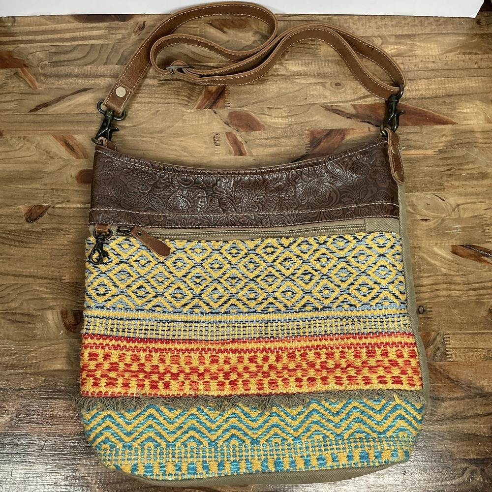 Myra Canvas Leather Woven Crossbody Bag Boho Western Fringe Adjustable Strap - Picture 3 of 13